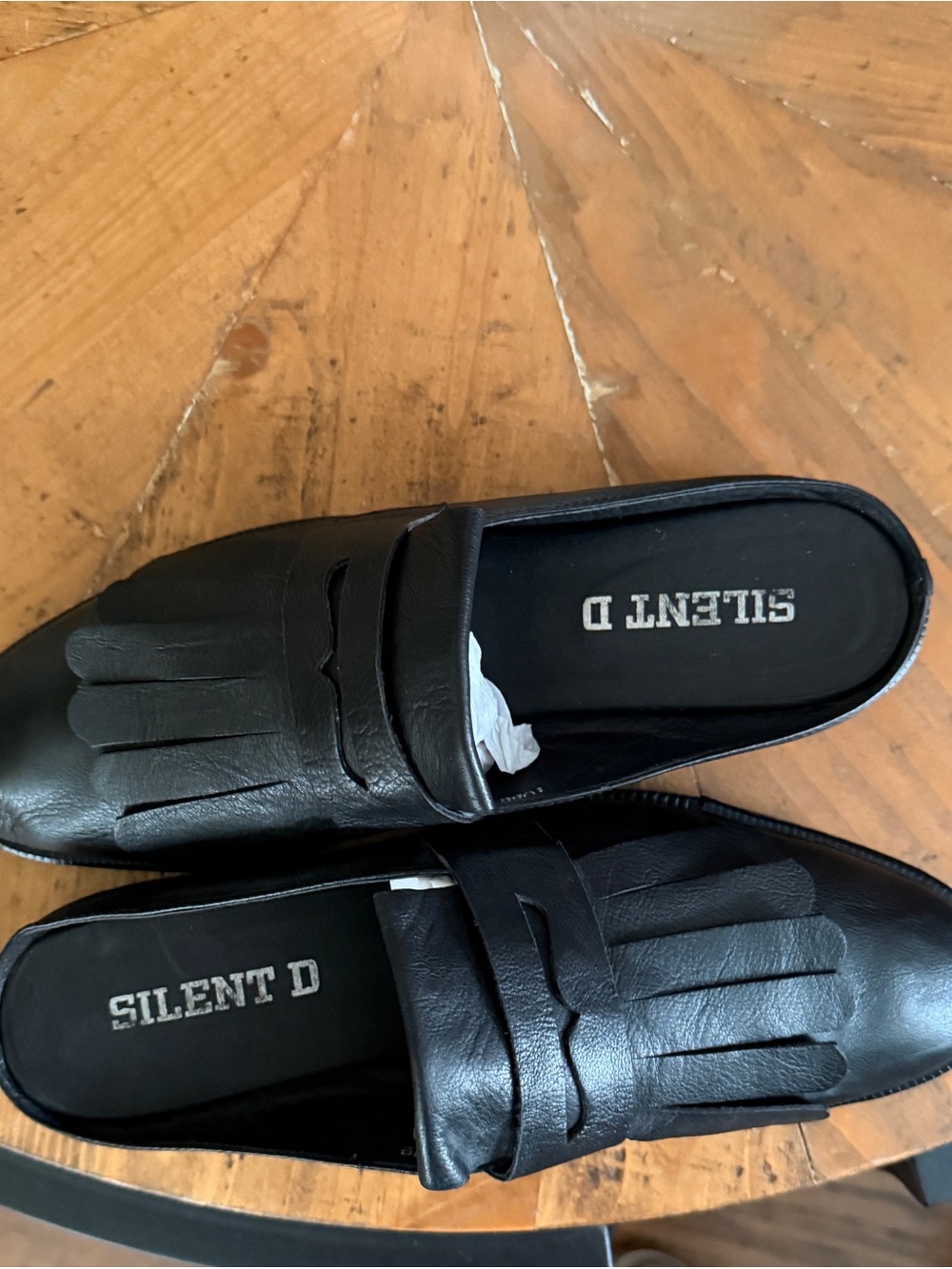 Silent D Black Leather Fringe Mules
